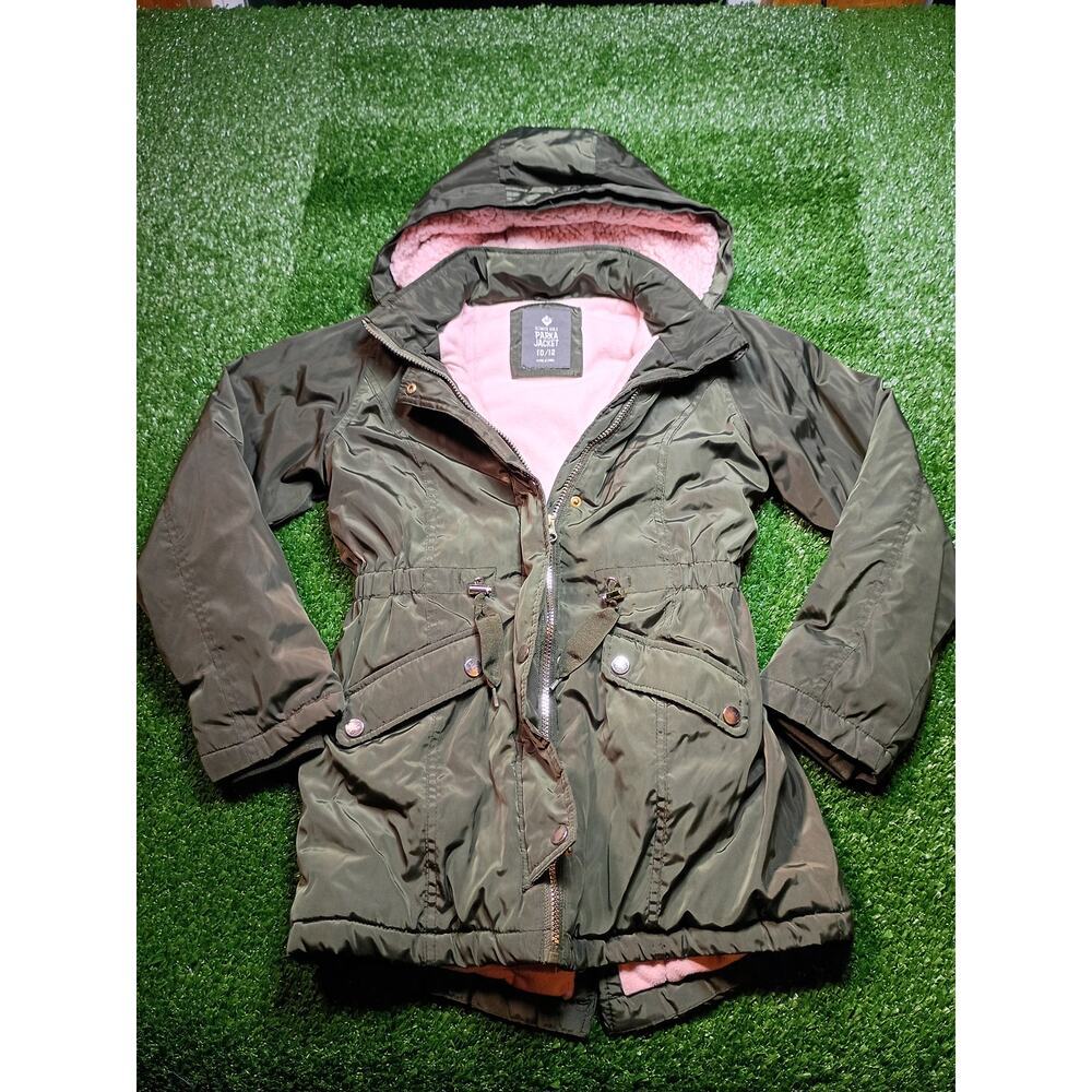 Girls' Army Green Parka Jacket with Pink Faux Fur